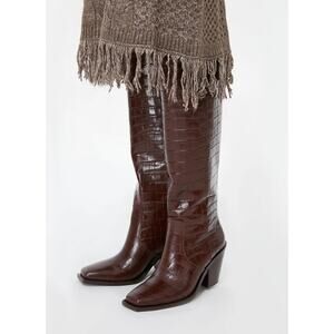 Loeffler Randall Lynn Snip Toe Croc Embossed Block Heel Boots Leather Sz 5.5 NIB